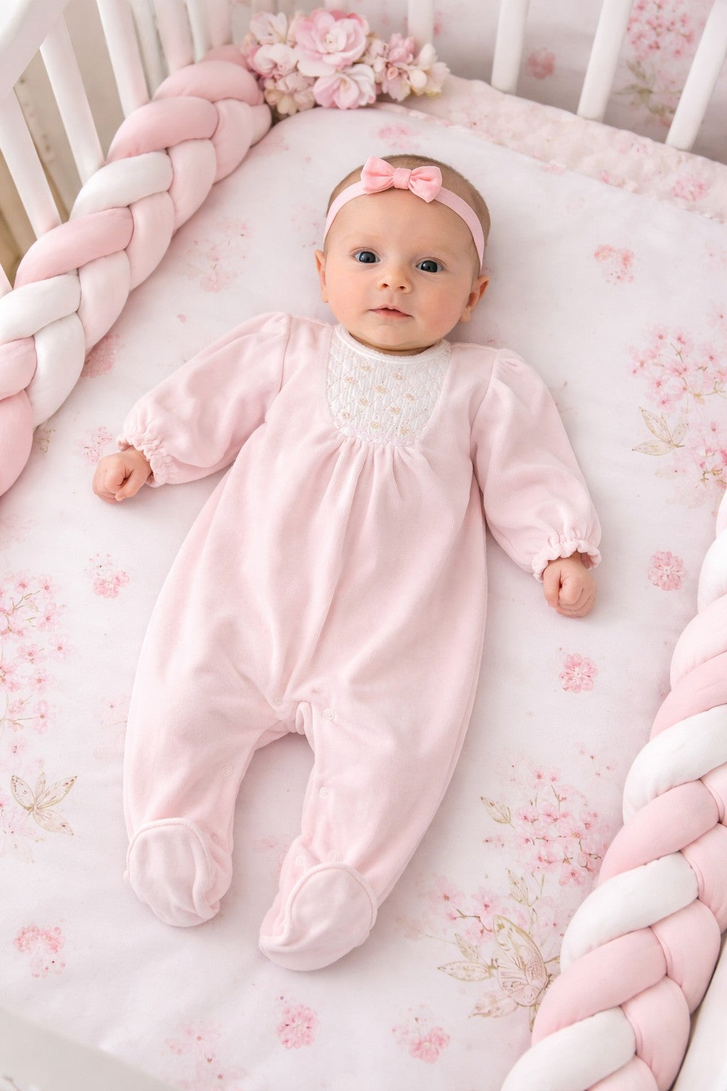 Hand Smocked Pink Velour Girl's Footie