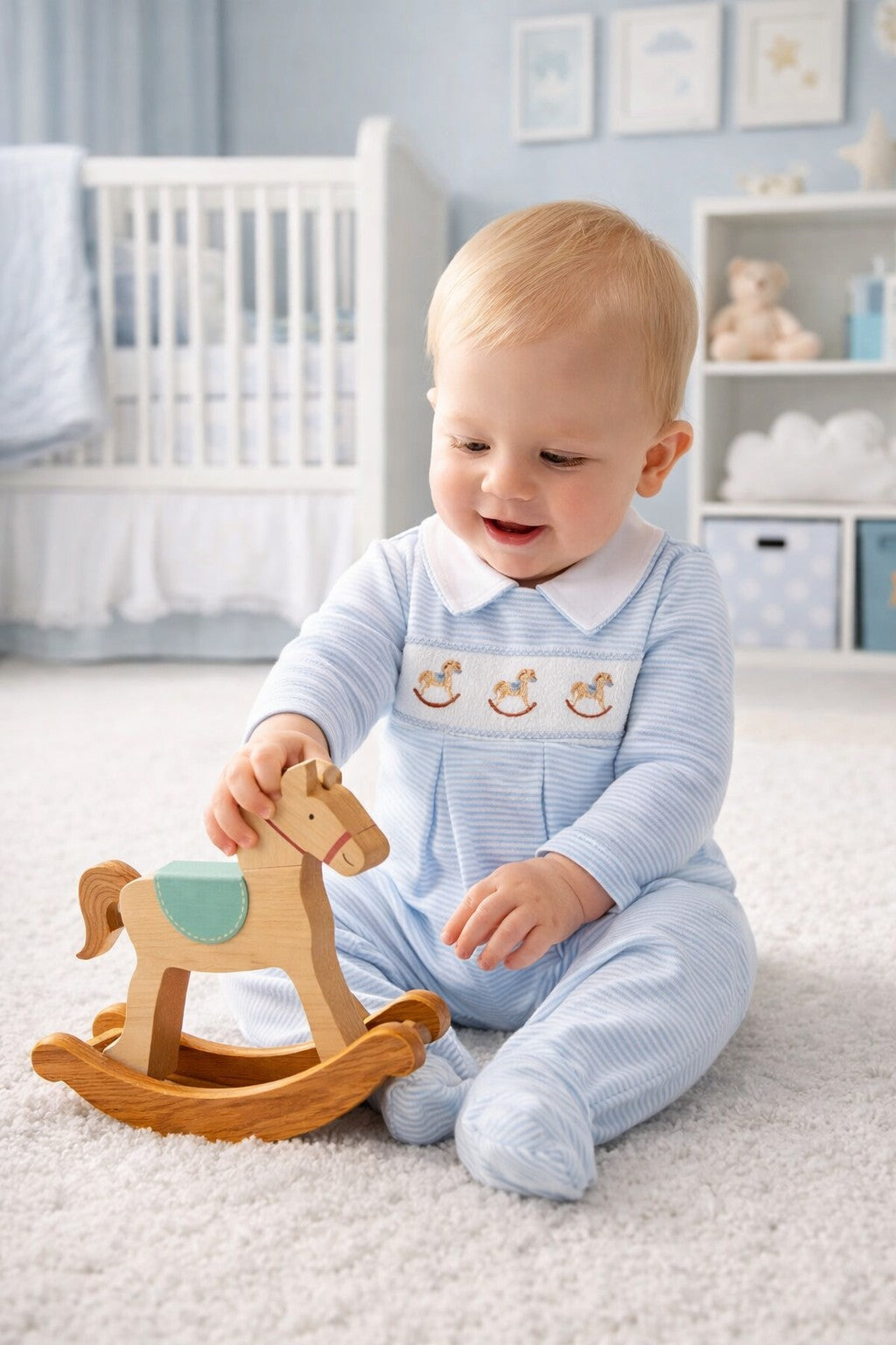 Baby Boy's Rocking Horser smocked footie - Little Threads Inc. Children's Clothing