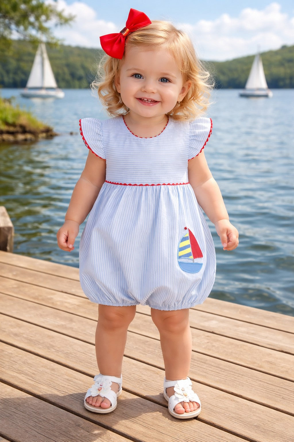 Girl's "Sailboat" Applique Romper - Little Threads Inc. Children's Clothing