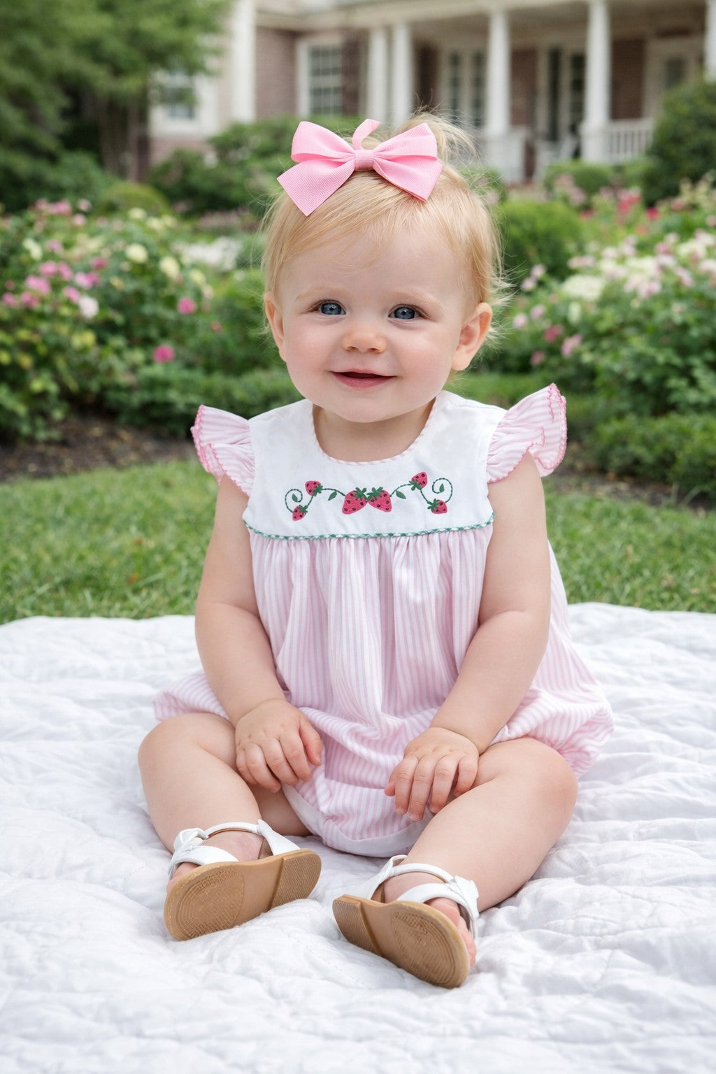 Pink Stripe Pique Strawberry Girl's Bubble - Little Threads Inc. Children's Clothing