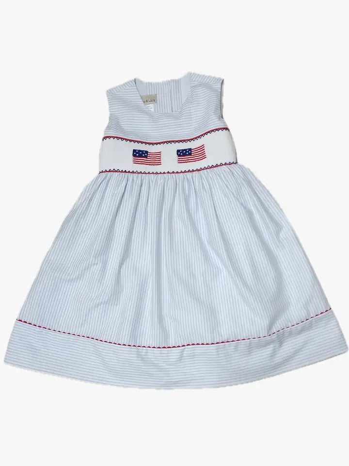 Girl's hand smocked light blue dress - 4th of July - Little Threads Inc. Children's Clothing