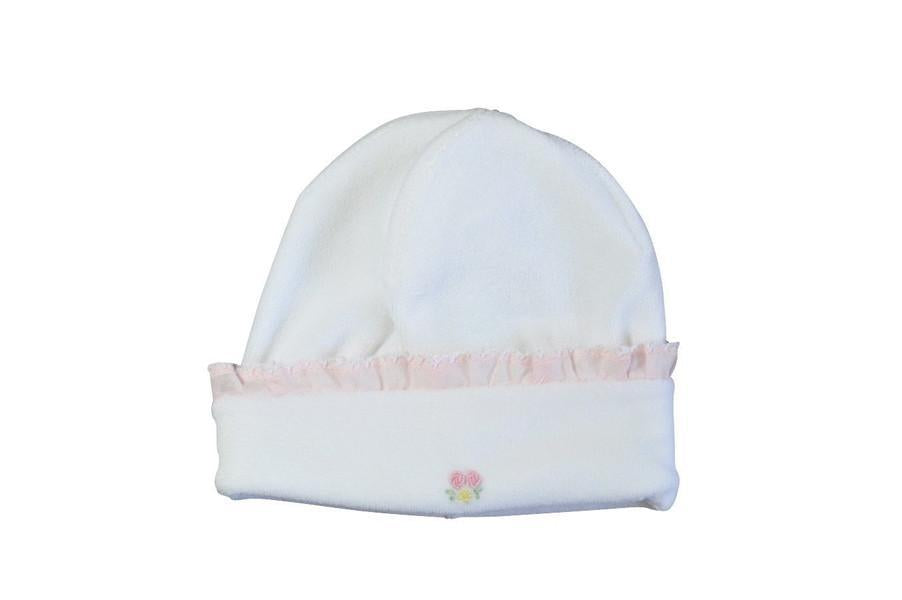 White Velour Girls Hat with Pink Trim and Roses - Little Threads Inc. Children's Clothing