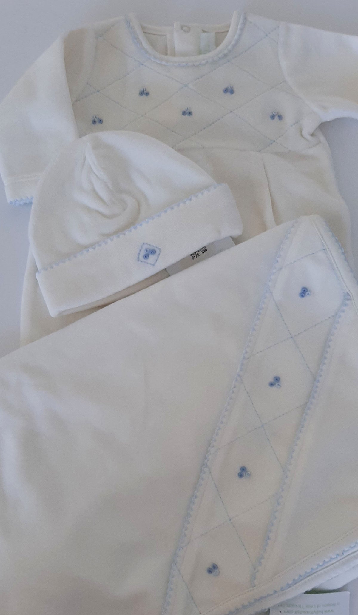 Ivory Velour Baby Boy Gift Set: Footie, blanket and hat - Little Threads Inc. Children's Clothing