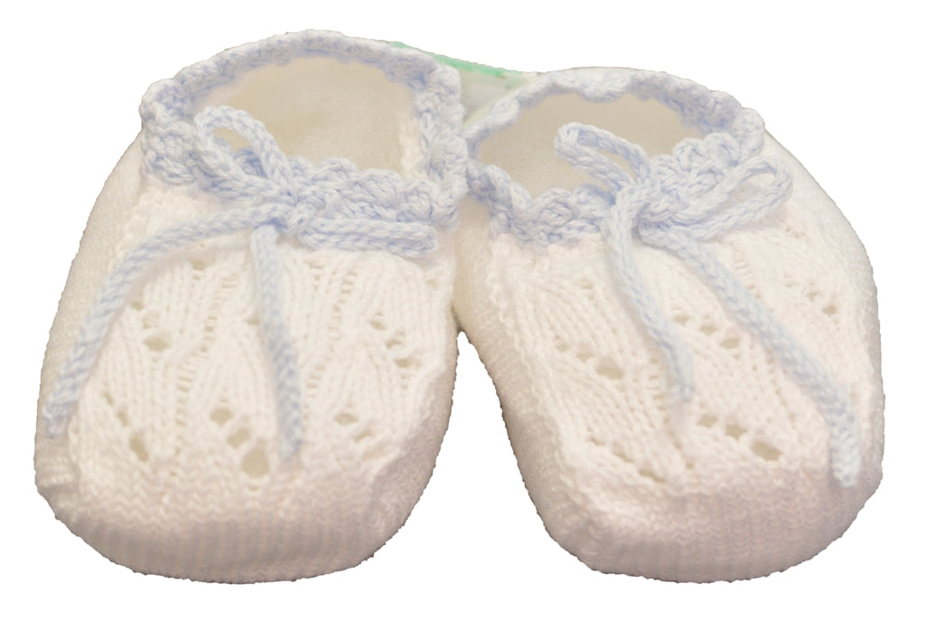 White Knit Blue Trim Booties - Little Threads Inc. Children's Clothing