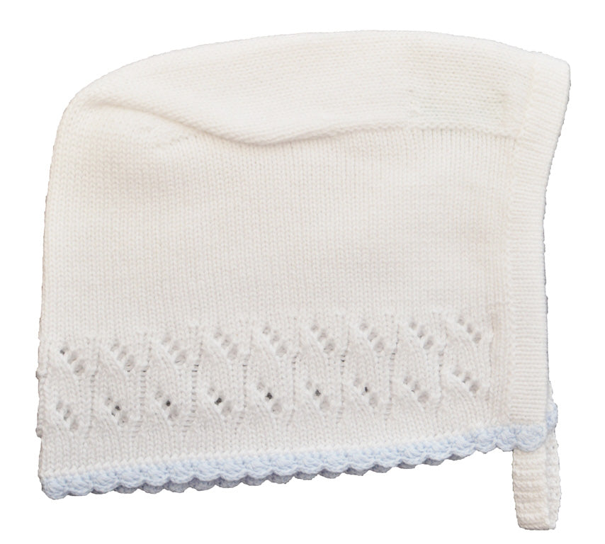 White Knit Bonnet with Blue Lace - Little Threads Inc. Children's Clothing