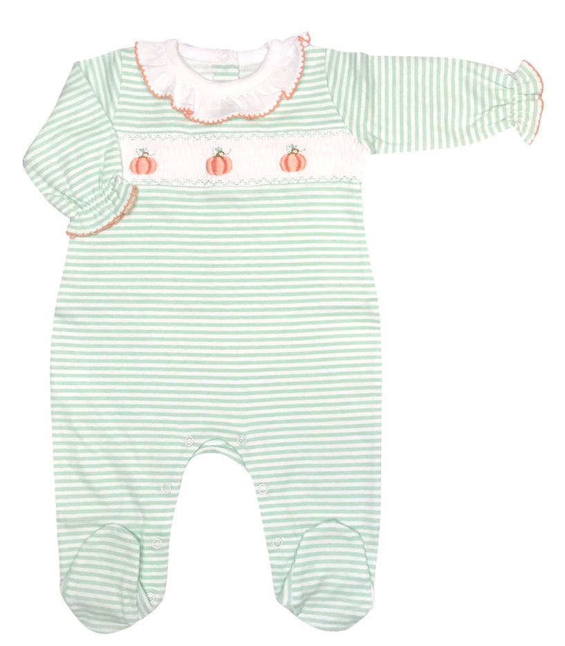 Pumpkin Girl Smocked Footie - Little Threads Inc. Children's Clothing