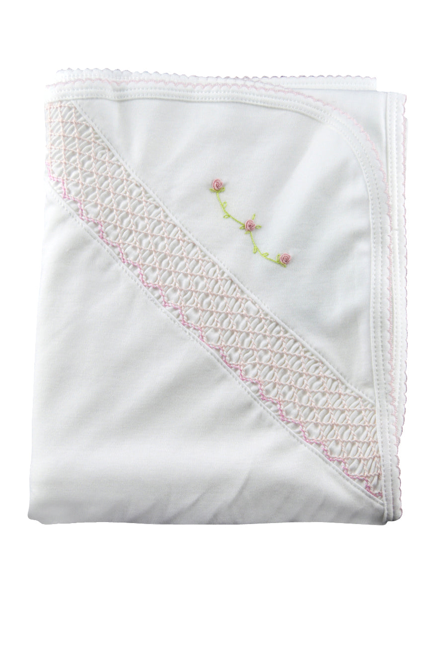 White Girl Smocked Blanket W/ Pink Rose Vines - Little Threads Inc. Children's Clothing