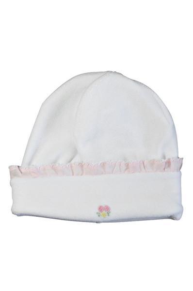 White Velour Girls Hat with Pink Trim and Roses - Little Threads Inc. Children's Clothing