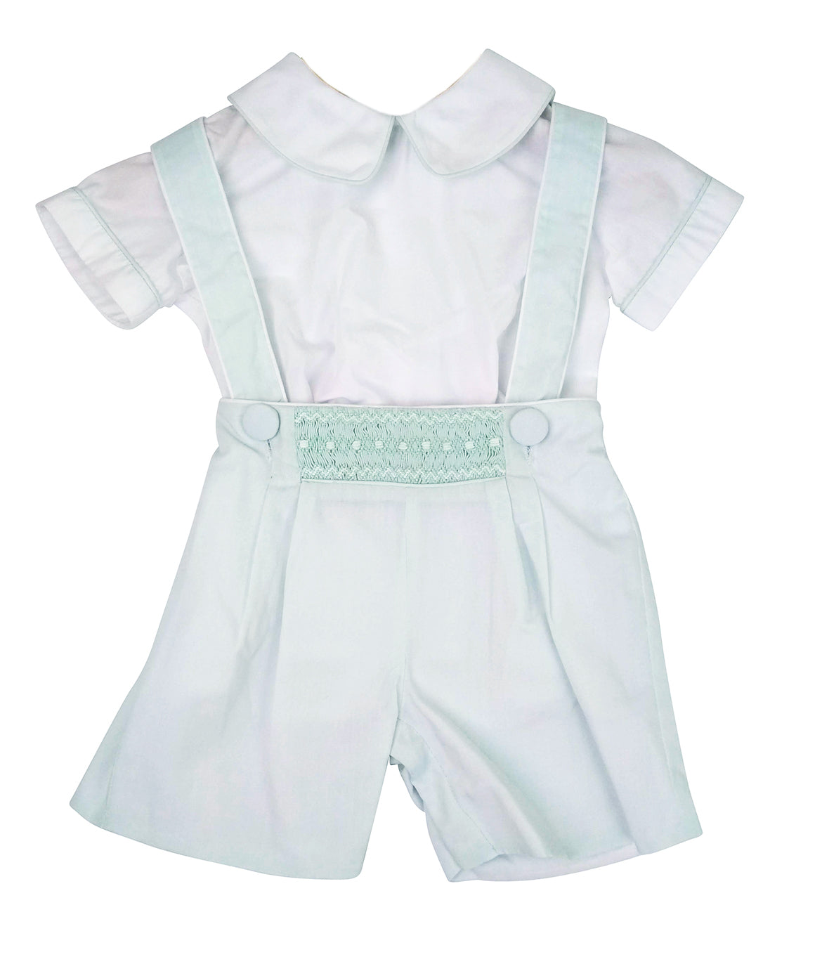 Mint hand smocked boy's short set with straps. - Little Threads Inc. Children's Clothing