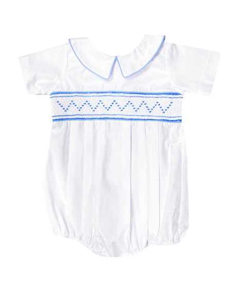 Baby Boy's White and Blue Smocked Romper - Little Threads Inc. Children's Clothing
