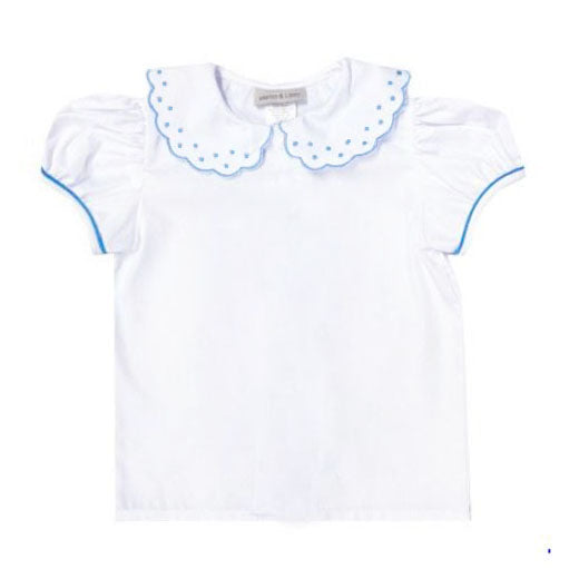 White basic blouse with Blue scalloped collar - Little Threads Inc. Children's Clothing