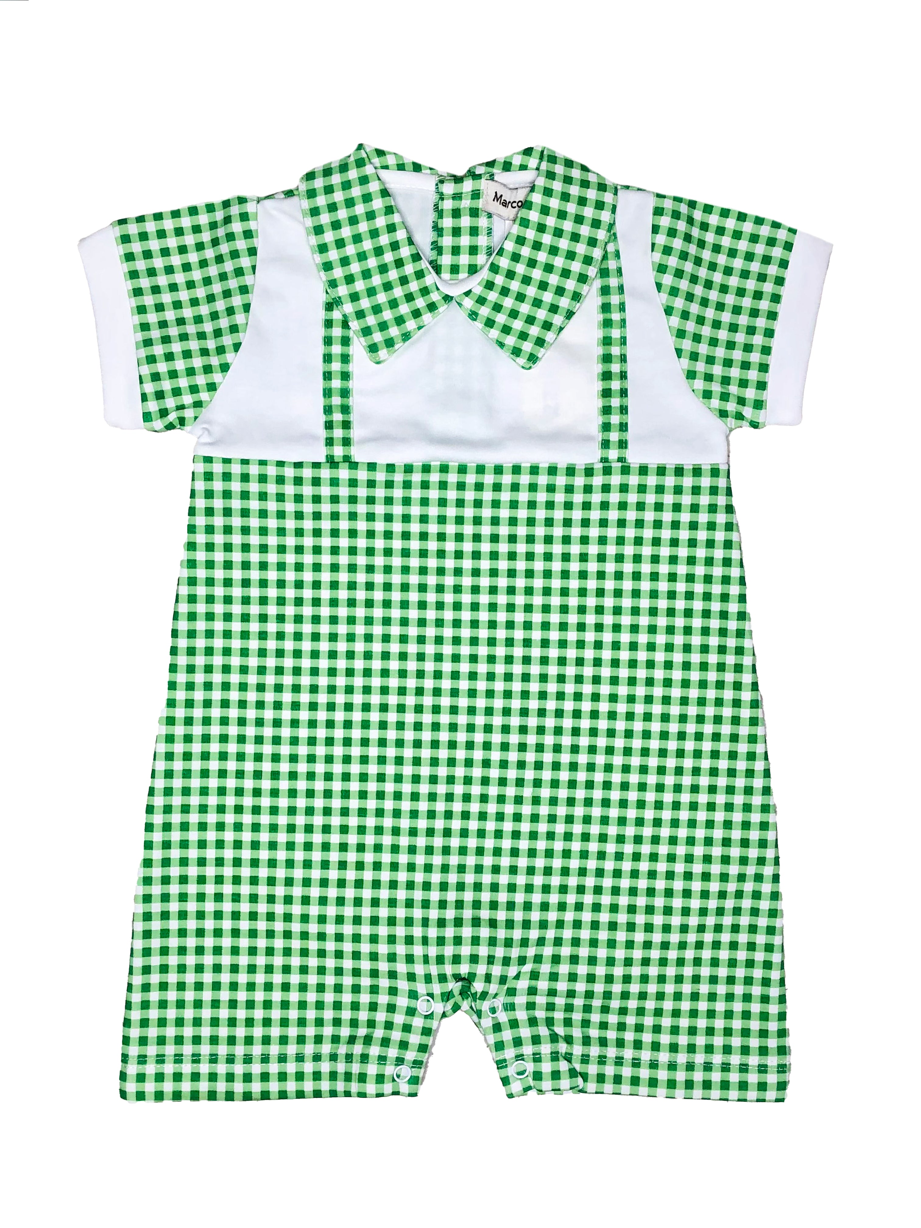 "Strawberry Patch" print Boys green checks pima Romper - Little Threads Inc. Children's Clothing