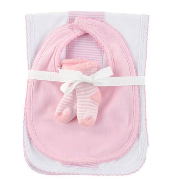 Pink Burp Pad, Bib and Socks Baby Set - Little Threads Inc. Children's Clothing