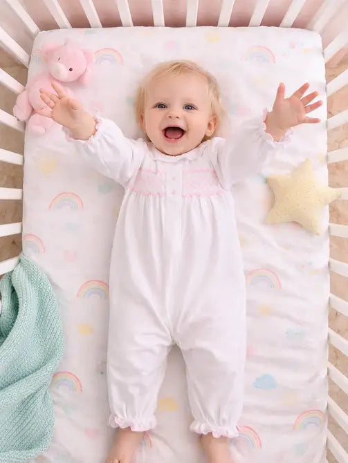 White Smocked Baby Girl Pima Cotton Converter w/ Ruffles - Little Threads Inc. Children's Clothing