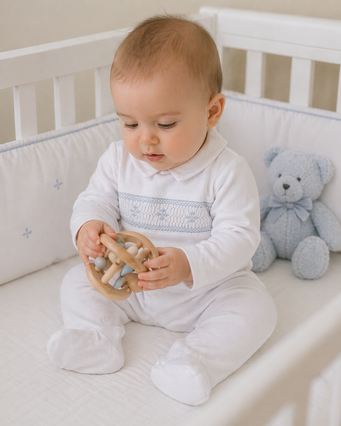 Hand Smocked white Pima Cotton Footie - Little Threads Inc. Children's Clothing