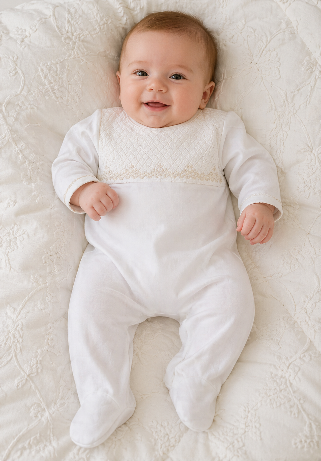 Unisex White & Ecru Smocked Footie - Little Threads Inc. Children's Clothing