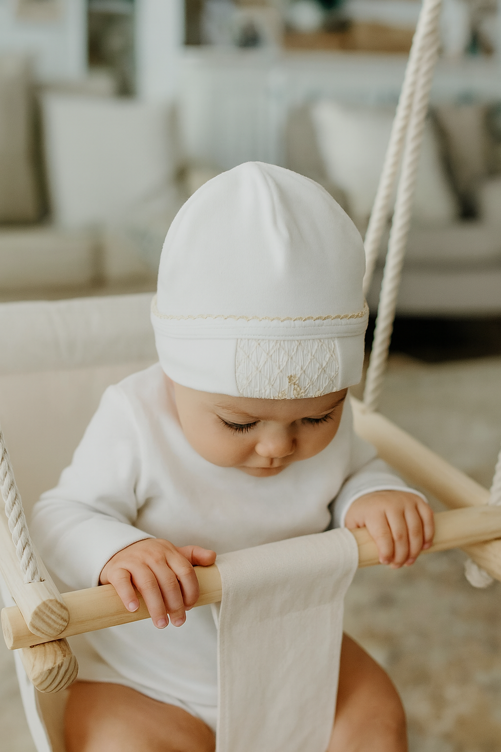 Unisex White and Ecru Smocked Hat