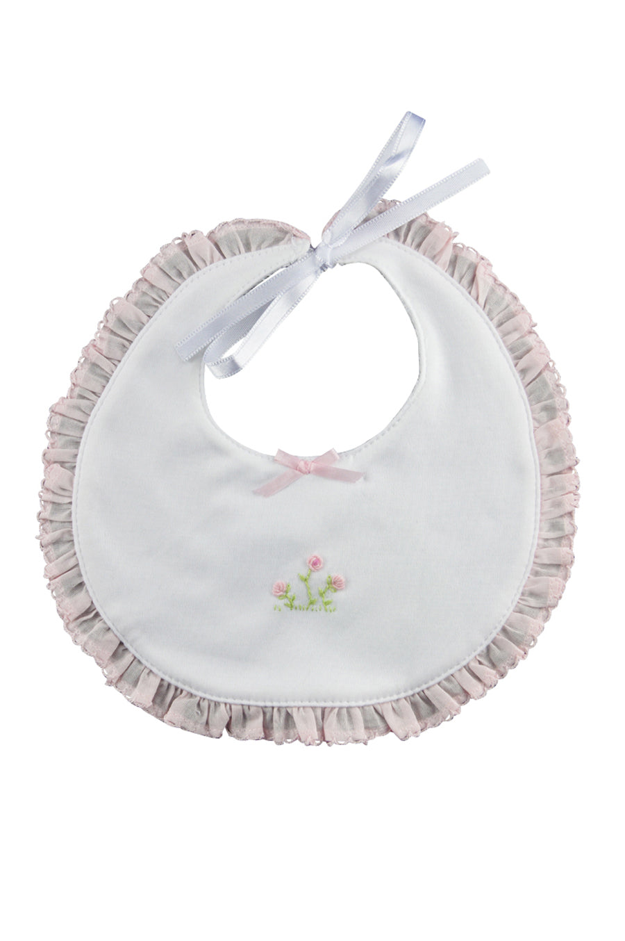 White Pima cotton baby girl bib with pink ruffle - Little Threads Inc. Children's Clothing