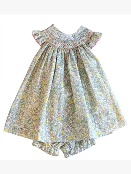 Girl's "Spring Again" Hand Smocked Floral Bishop - Little Threads Inc. Children's Clothing