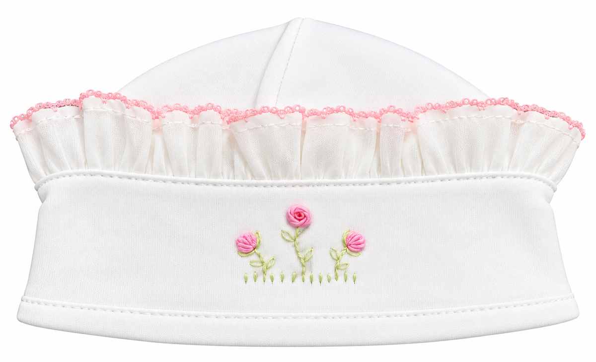 Rose Clusters White With Pink Trim Hat - Little Threads Inc. Children's Clothing