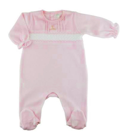 Pink Velour Smocked Footie with Pintucks - Little Threads Inc. Children's Clothing