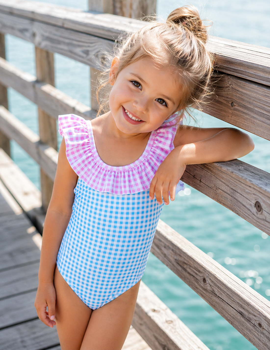 Girl's Blue and Pink "Gingham" Swimsuit - Little Threads Inc. Children's Clothing