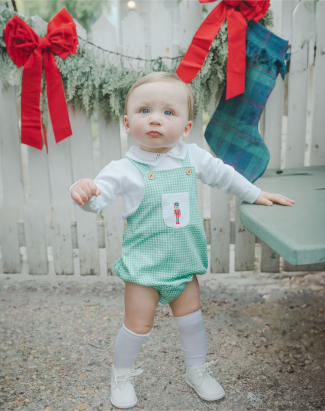 Christmas Nutcracker White long sleeve green romper boy set - Little Threads Inc. Children's Clothing