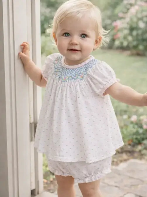 Sweet Spring  Blue Plumeti Girl's Smocked Bishop - Little Threads Inc. Children's Clothing