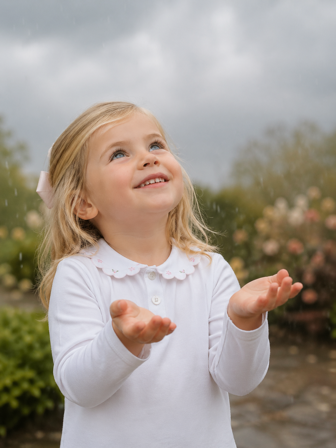 Girl's Pima Cotton Top with Peter Pan Collar & Pink Flowers