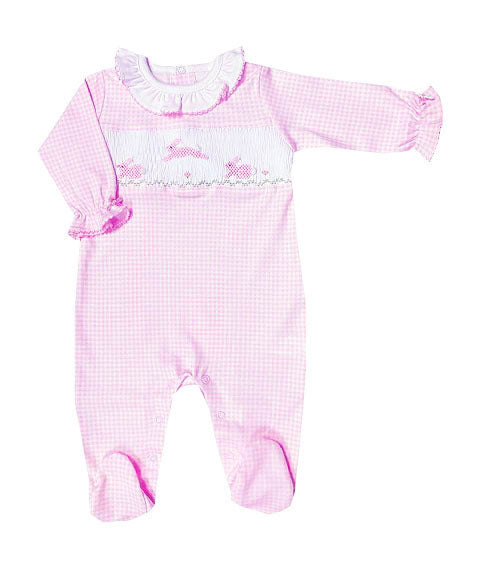 Pink Easter  smocked Bunnies Pima Cotton Baby Footie - Little Threads Inc. Children's Clothing