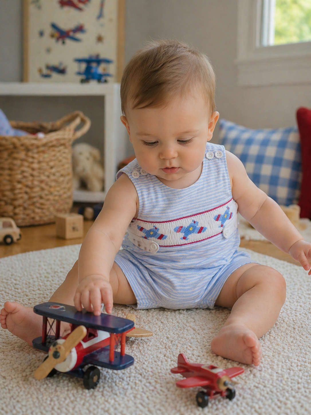 Airplanes Smocked Striped Pima Cotton Baby Boy Overall - Little Threads Inc. Children's Clothing