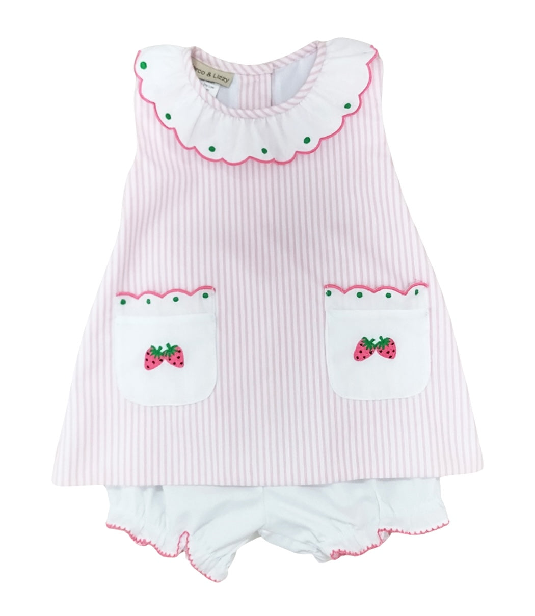 Pink Stripe Strawberries Pocket Girl's Bloomer Set - Little Threads Inc. Children's Clothing