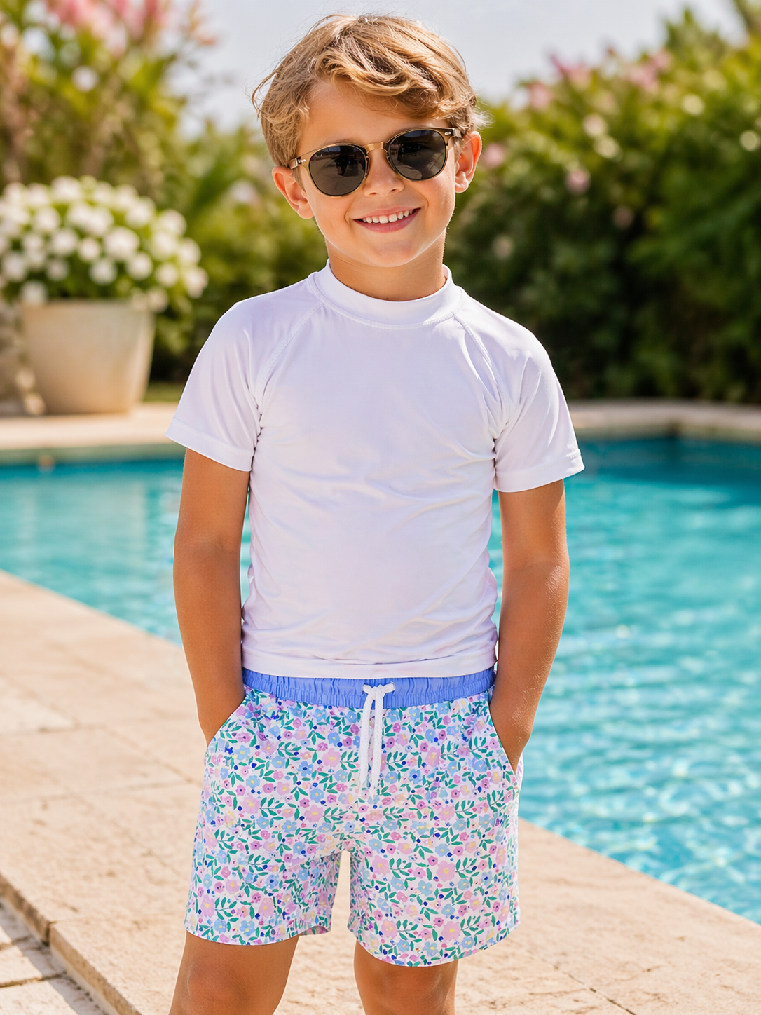 Floral Dark Blue Swim Trunks - Little Threads Inc. Children's Clothing