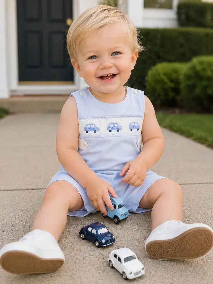 Baby Boy's Blue Cars Hand Smocked Overall - Little Threads Inc. Children's Clothing