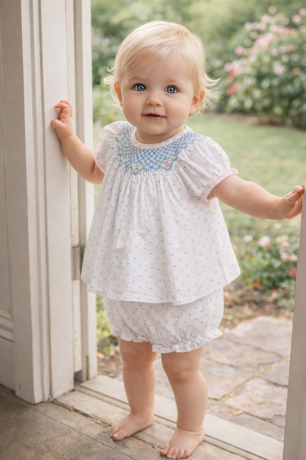 Sweet Spring  Blue Plumeti Girl's Smocked Bishop - Little Threads Inc. Children's Clothing