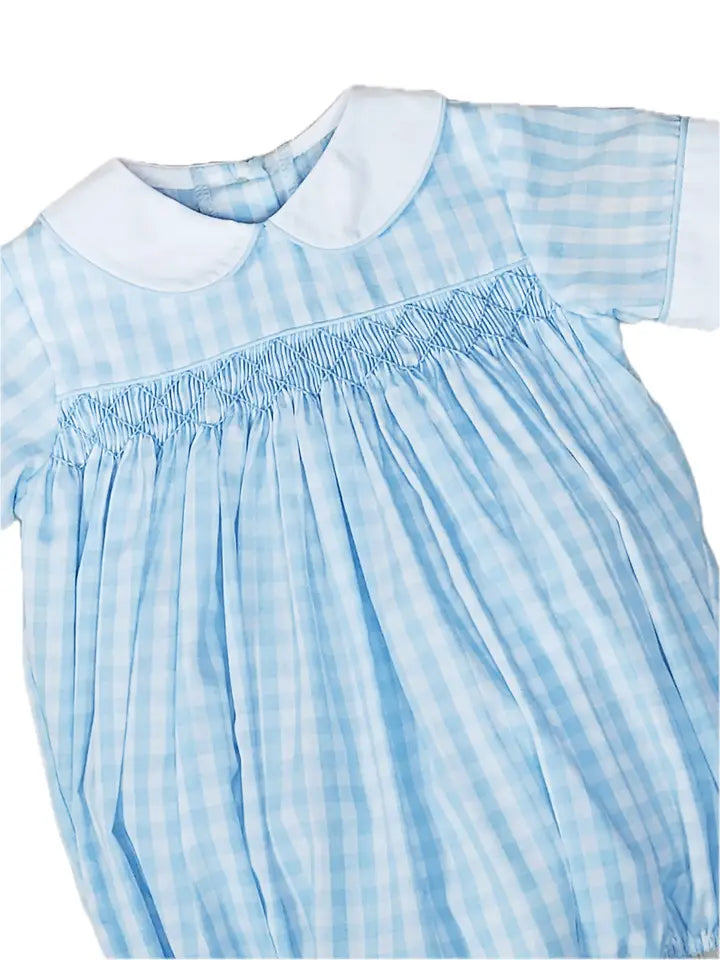 Sweet Spring Blue Checks Hand Smocked Boys Bubble - Little Threads Inc. Children's Clothing