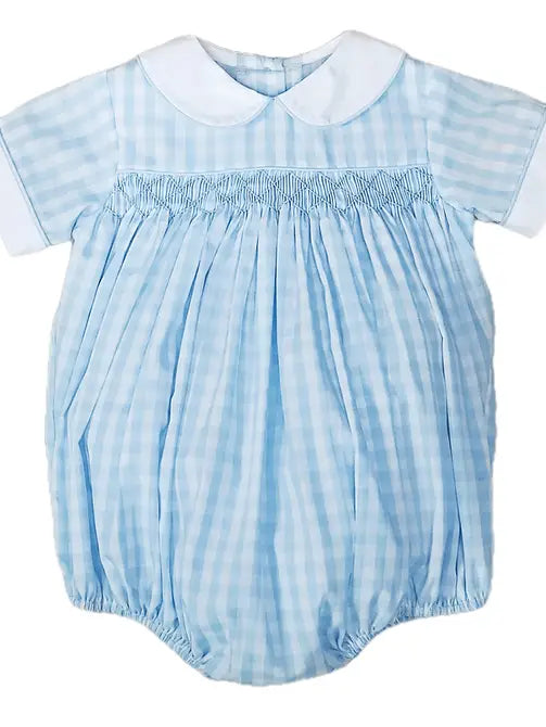 Sweet Spring Blue Checks Hand Smocked Boys Bubble - Little Threads Inc. Children's Clothing