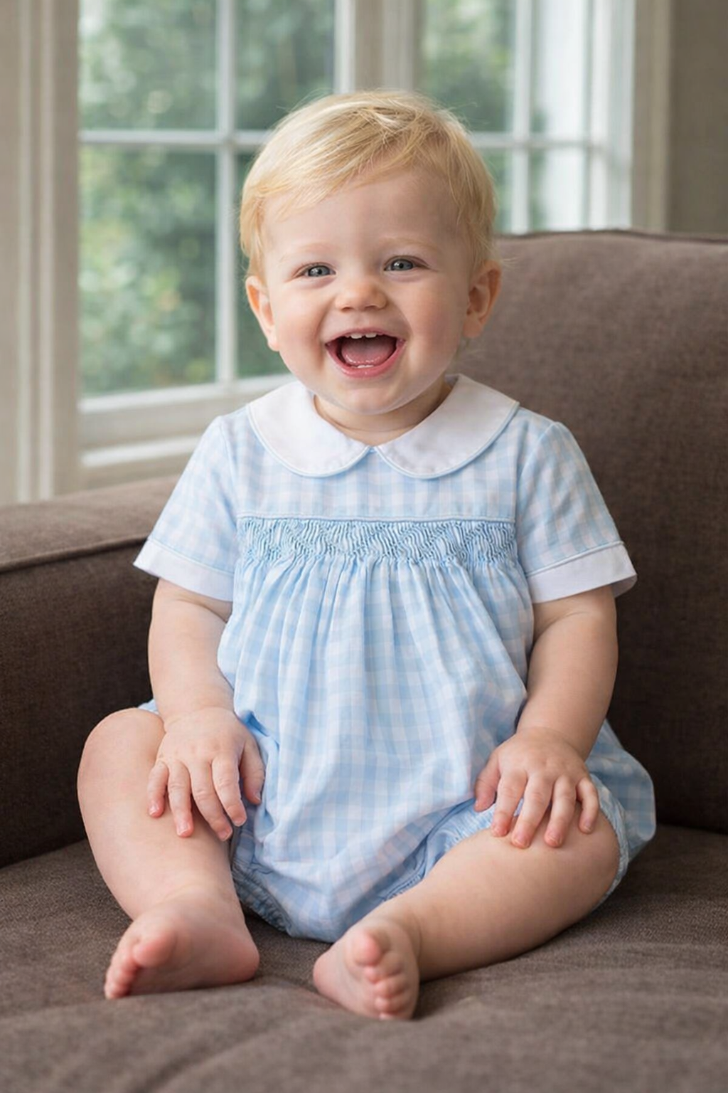 Sweet Spring Blue Checks Hand Smocked Boys Bubble - Little Threads Inc. Children's Clothing