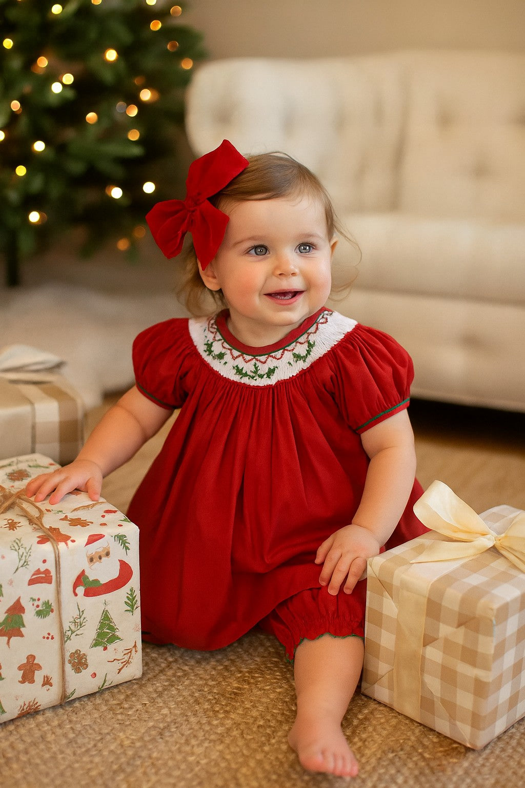 Christmas hand smocked girl's bishop dress