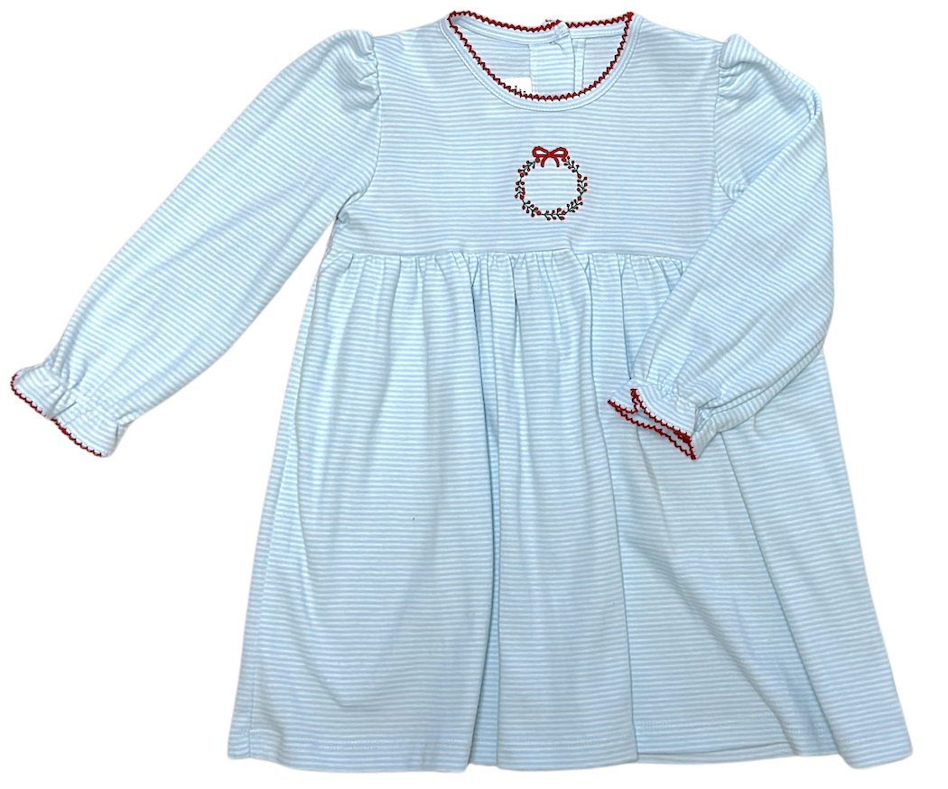Christmas Wreath Blue Stripe Girl's Dress
