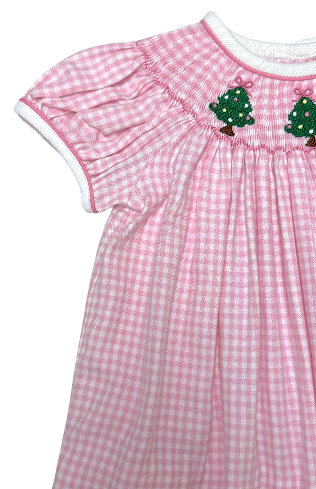 Pink Gingham Christmas Tree Smocked girl's bishop