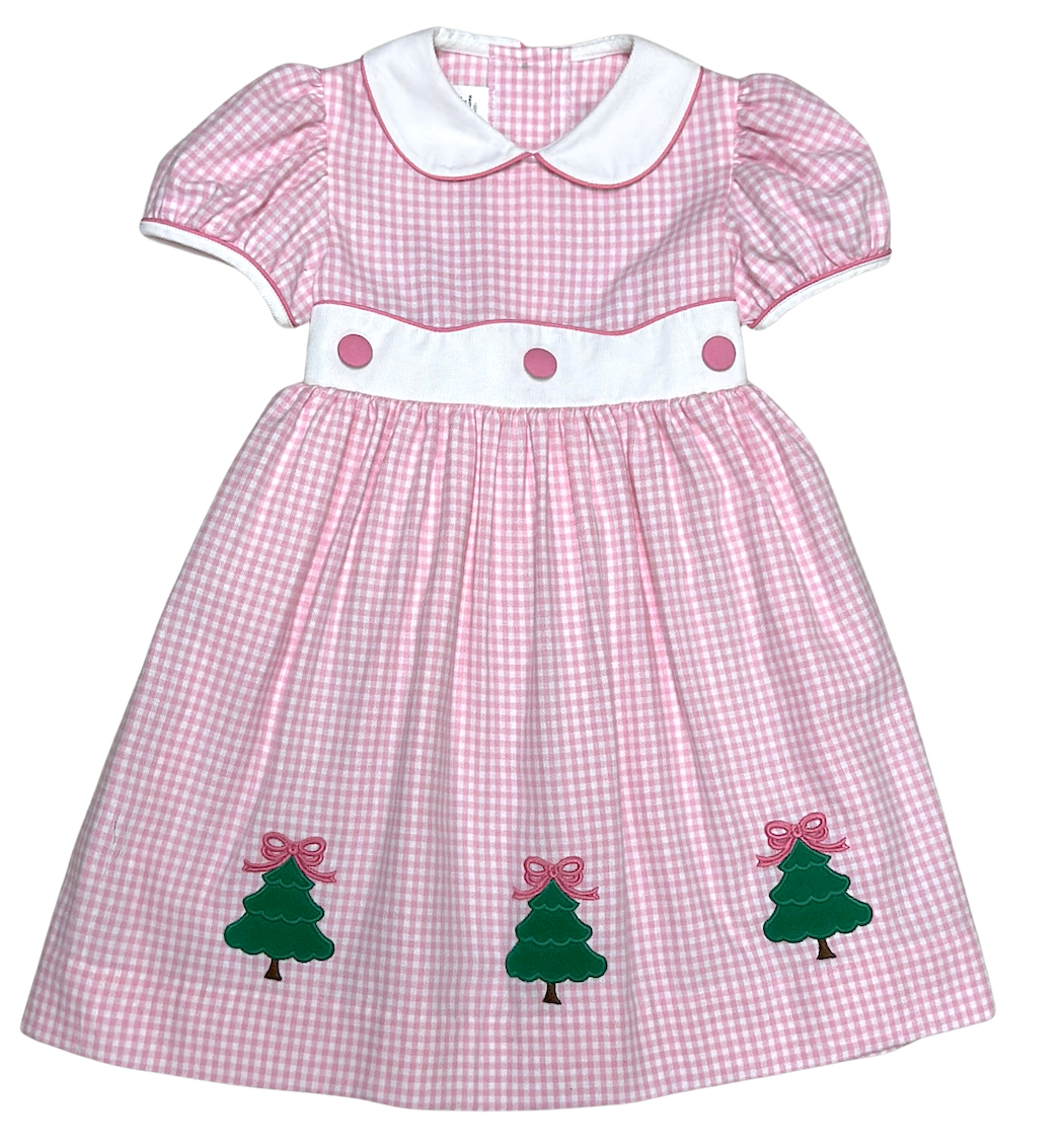 Pink checks Christmas Trees Girl's Classic Dress - Little Threads Inc. Children's Clothing