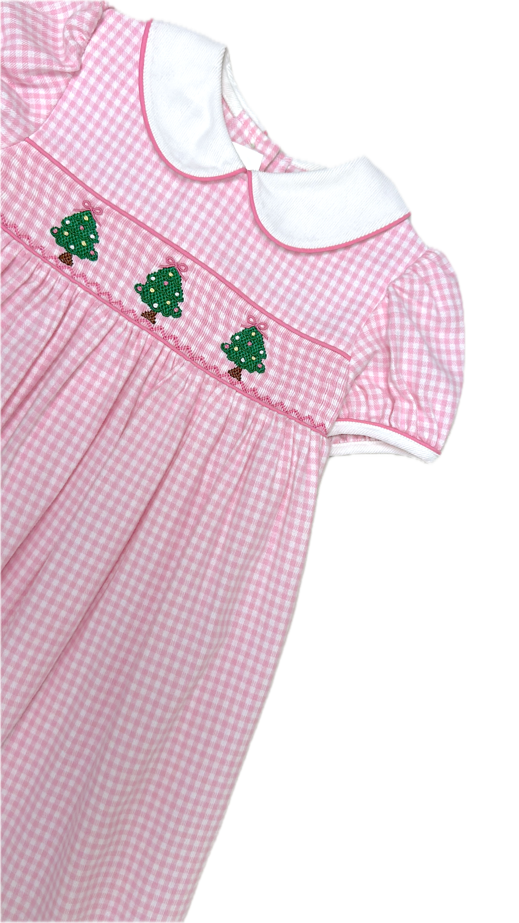Pink checks Christmas trees hand smocked girl's dress