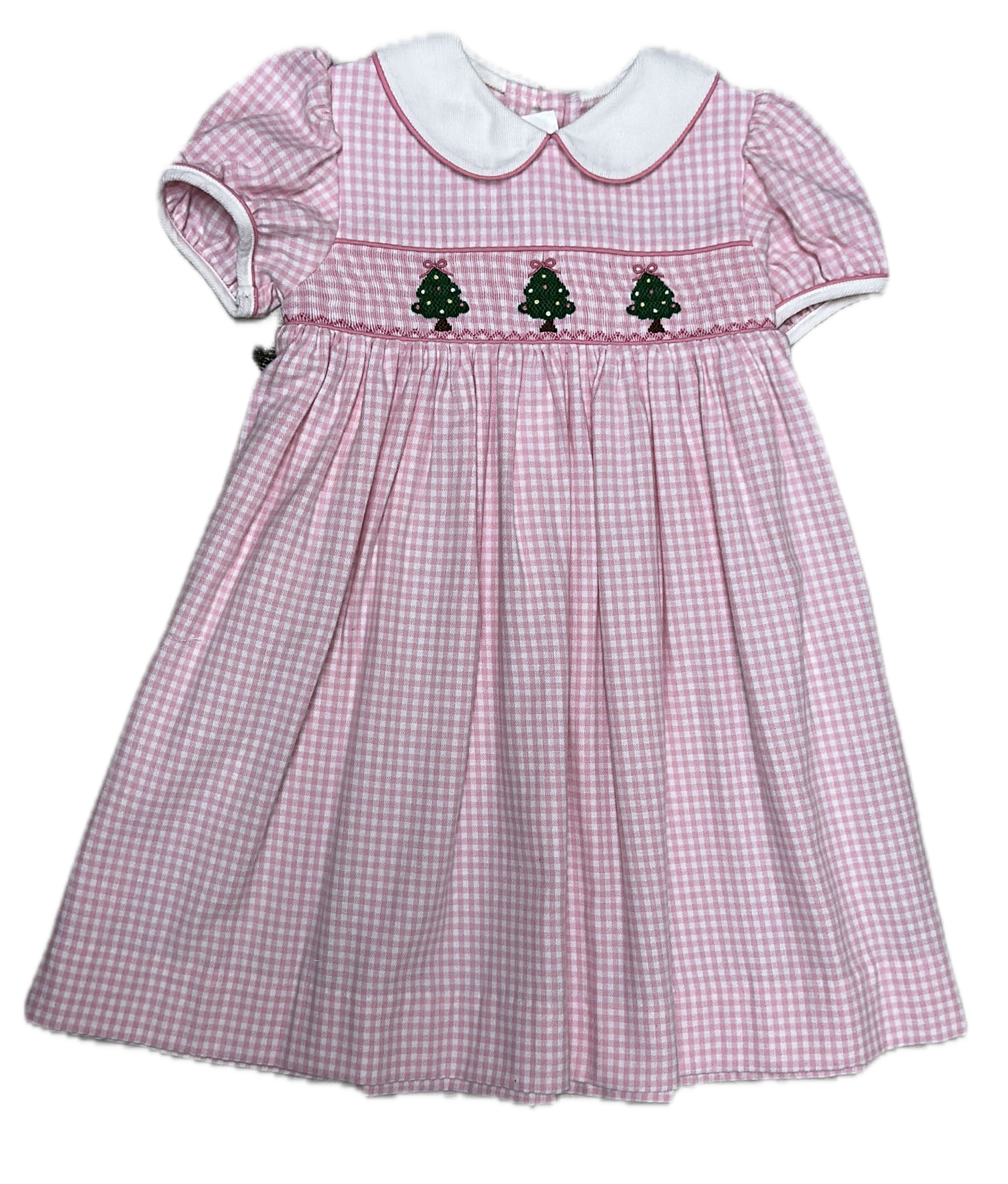 Pink checks Christmas trees hand smocked girl's dress