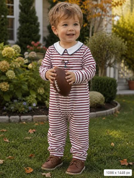 Baby Boy hand smocked romper Football Collection