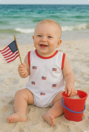 Star Spangled Banner Flags all over baby boy's romper