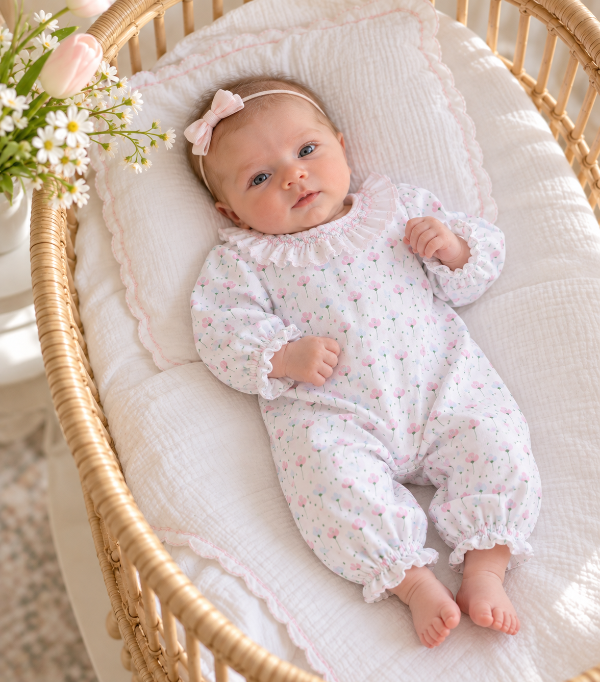 Hand smocked Spring flowers baby girl converter.