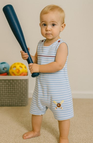 Baseball Applique Blue Stripe Applique Baby Boy's Overall