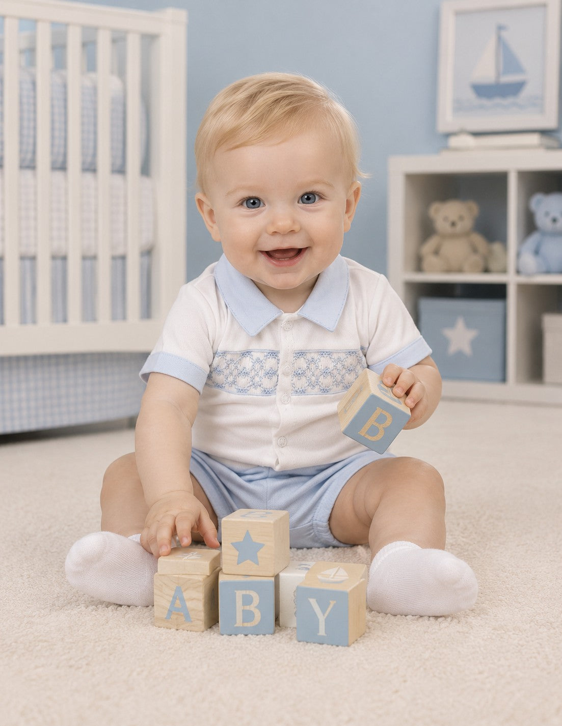 Baby Boy's Blue and White Argyle diaper set