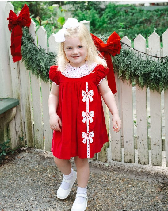 Girl's "Christmas Red Bows" Applique  Float Dress - Little Threads Inc. Children's Clothing